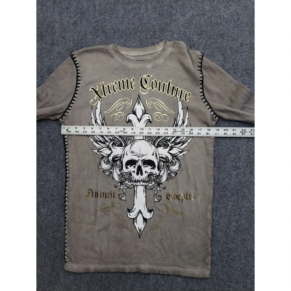 Affliction Xtreme Couture Shirt Men Small‎ Brown Thermal Long Sleeve Skull Cross